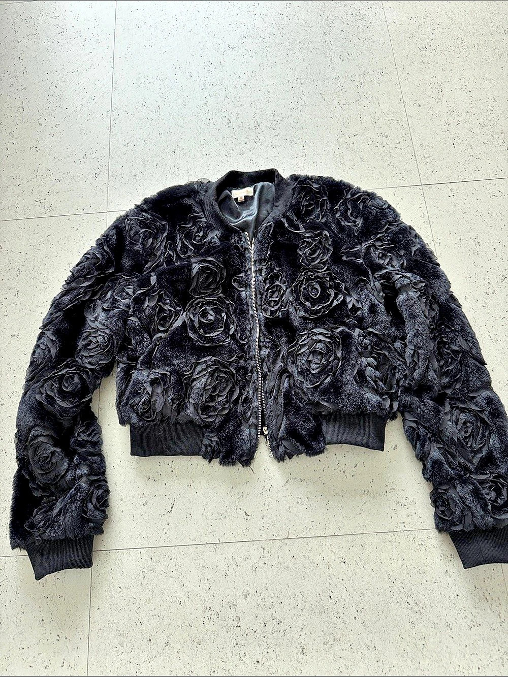 Floral Cropped Bomber Jacket in Black Like New